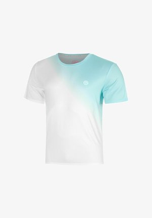 Kurzärmeliges T-Shirt mit Rundhalsausschnitt, weiß-blauem Farbverlauf und kleinem rundem Logo auf der linken Brust.