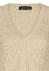 Beige gestrickter Pullover mit V-Ausschnitt und Rippendetails. Verfügt über ein strukturiertes Kabelmuster und ein Etikett "Felix Hardy". Größe S.