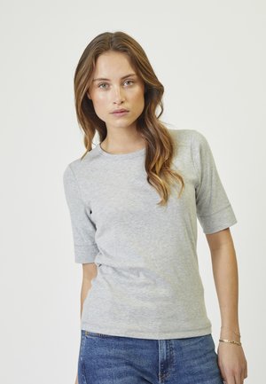 Grey short-sleeve T-shirt made from cotton blend, featuring a round neck, lightweight texture, and a fitted silhouette.