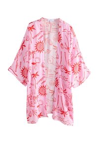 Ľahký, ružový kimono s červeným tropickým vzorom, vrátane slnka, palmových stromov a mušlí. Voľný strih, otvorený predný diel a krátke rukávy.