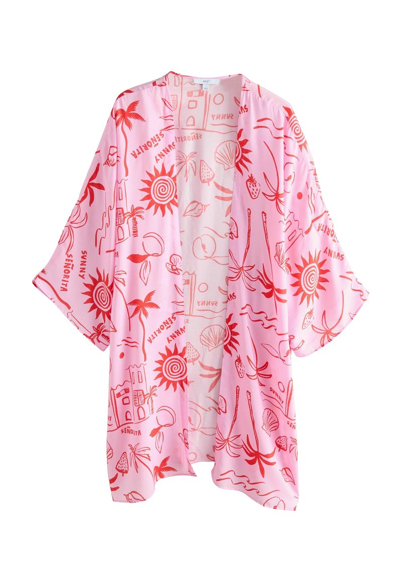 Ľahký, ružový kimono s červeným tropickým vzorom, vrátane slnka, palmových stromov a mušlí. Voľný strih, otvorený predný diel a krátke rukávy.