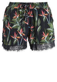 Černé šortky s elastickým pasem a šňůrkou, tropický květinový potisk a černá krajka na lemech.