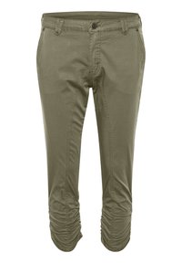 Olive green cropped pants made of lightweight fabric, featuring a button closure, side ruching details, and straight leg design.