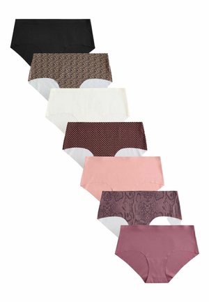 Sept culottes hipsters sans coutures pour femmes en noir, imprimé léopard, blanc, marron à pois blancs, rose, imprimé serpent violet et mauve.