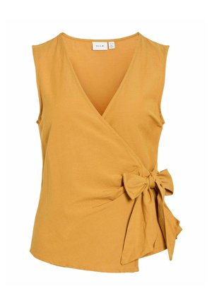 Haut cache-cœur sans manches jaune moutarde avec décolleté en V et détail nœud noué sur le côté droit à la taille.