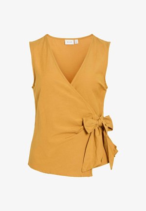 Haut cache-cœur sans manches jaune moutarde avec décolleté en V et détail nœud noué sur le côté droit à la taille.