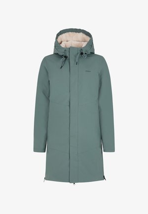 Light green, long waterproof parka with a hood, featuring a soft, cream-colored fleece lining and drawstrings. Zippered pockets on sides.