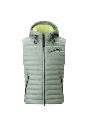 Hellgrüwestes Puffer-Weste mit Kapuze, horizontalem Steppmuster, Frontreißverschluss, zwei seitlichen Taschen und einem kontrastierenden limettengrünen Innenfutter.