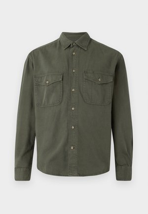 Khaki long-sleeve shirt made of cotton. Features a button-up front, two chest pockets with flaps, and a classic collar. Simple design.