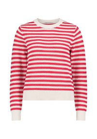 Rot-weiß gestreifter Strickpullover mit rundem Ausschnitt, langen Ärmeln sowie gerippten Bündchen und Saum, mit einem strukturierten Muster.