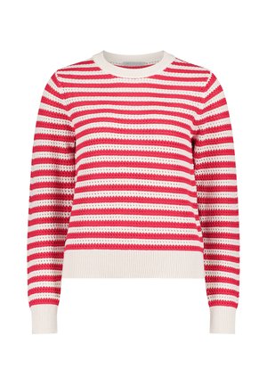 Rød- og hvidstribet strikket sweater med rund halsudskæring, lange ærmer samt ribstrikkede manchetter og kant, fremhævet af et tekstureret mønster.