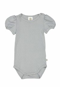 Bodysuit court à manches courtes gris clair fabriqué en matière texturée avec des manches bouffantes et une fermeture à pression au bas.