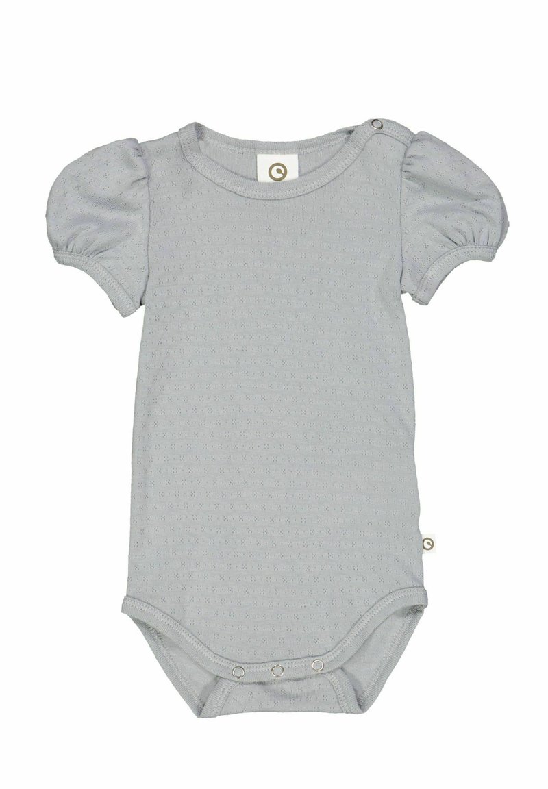 Bodysuit court à manches courtes gris clair fabriqué en matière texturée avec des manches bouffantes et une fermeture à pression au bas.