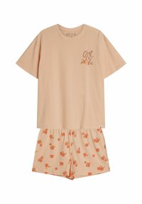Różowo-brzoskwiniowy zestaw piżamowy z bawełny, z krótkim rękawem, z małym nadrukowanym logo i wzorem brzoskwiniowym na szortach. Miękki i luźny krój.