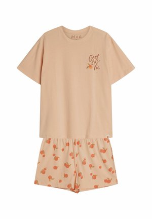 Różowo-brzoskwiniowy zestaw piżamowy z bawełny, z krótkim rękawem, z małym nadrukowanym logo i wzorem brzoskwiniowym na szortach. Miękki i luźny krój.