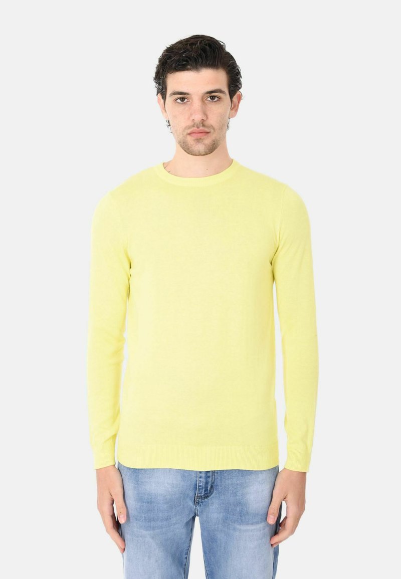 Maglione giallo a maniche lunghe con scollatura rotonda, polsini e orlo a costine. Indossato con jeans azzurri chiari, esposto su uno sfondo neutro.