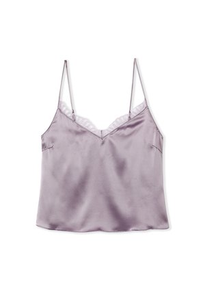 Lila satijnen cami met verstelbare spaghettibandjes en een V-hals afgewerkt met kant. Glad materiaal en vloeiend ontwerp.