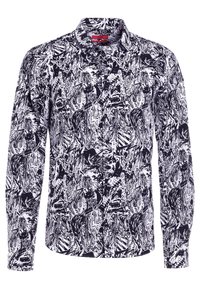 Black and white button-up shirt featuring a dense abstract pattern, long sleeves, and a classic collar. Made from lightweight fabric.