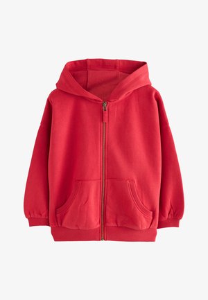 Hanorac roșu cu fermoar, buzunare frontale, mansete și tiv striate, cu glugă mare și croială lejeră.