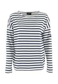 Maglietta a maniche lunghe realizzata in morbido cotone, con righe orizzontali blu navy e bianche, scollatura rotonda e dettaglio del logo sulla manica.