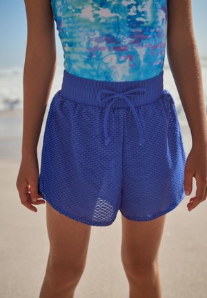 Shorts de bain en maille bleue avec une ceinture élastique et un cordon de serrage ajustable. Présente un design texturé et respirant pour le confort.