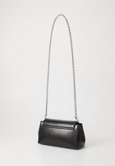 Black leather handbag with a textured finish, rectangular shape, and a silver chain strap. Features a folded flap closure.
