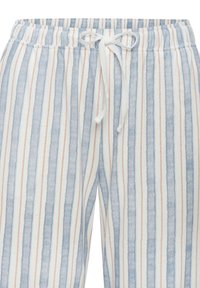 Gaismas auduma bikses ar vertikālām svītrām zilos un maigos rozā toņos uz balta fona. Elastīga josta ar aukliņu.