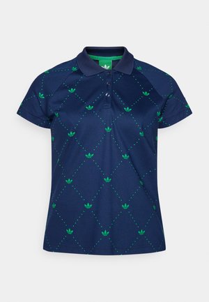 Polo azul-marinho feito de tecido liso, com um padrão floral verde e um design de grelha pontilhada, com um colarinho clássico e placket de botões.
