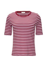 Czerwono-biała, w paski, krótko-sleeve koszulka T-shirt, z prążkowanej struktury, okrągłym dekoltem i prostym wykończeniem. Metka marki widoczna przy dekolcie.