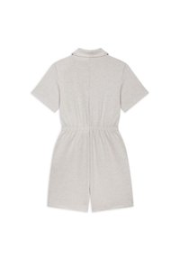 Grå kortärmad jumpsuit i mjukt tyg, med krage, elastisk midja och en avslappnad passform med shorts.