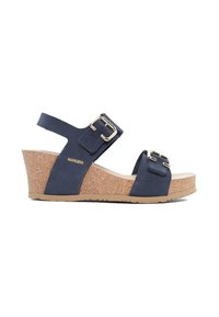 Sandali wedge blu navy con suola in sughero, cinture in suede, fibbie dorate e supporto per la caviglia. Nome del marchio "Mephisto" visibile sul lato.