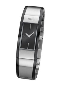 Montre rectangulaire argentée et noire avec un bracelet en acier inoxydable, dotée d'un cadran analogique noir et de marqueurs d'heure argentés. Nom de la marque : Regent.