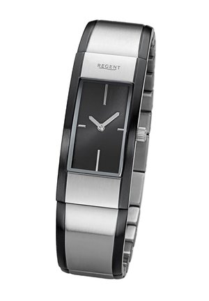 Montre rectangulaire argentée et noire avec un bracelet en acier inoxydable, dotée d'un cadran analogique noir et de marqueurs d'heure argentés. Nom de la marque : Regent.