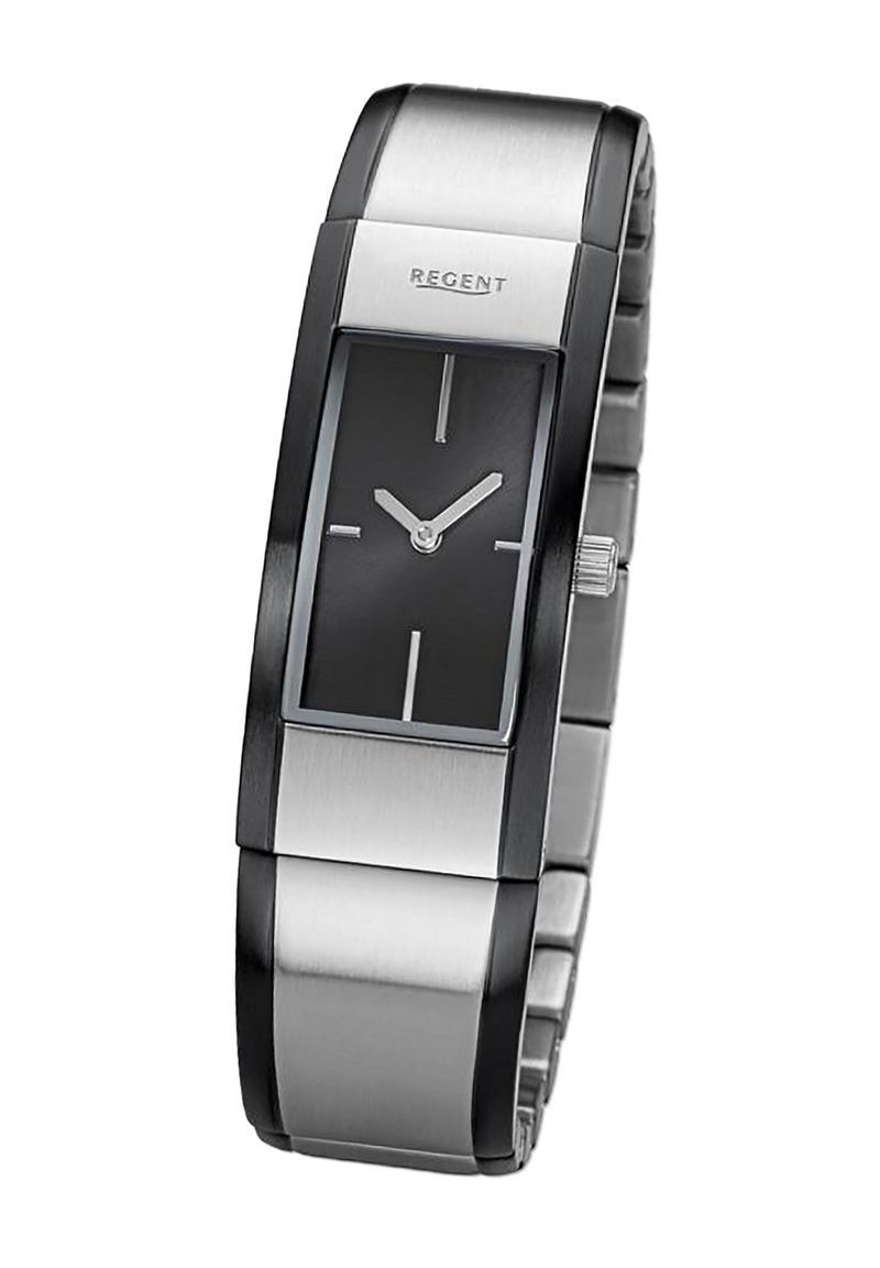 Montre rectangulaire argentée et noire avec un bracelet en acier inoxydable, dotée d'un cadran analogique noir et de marqueurs d'heure argentés. Nom de la marque : Regent.