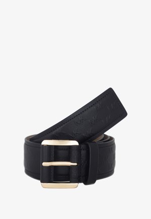 Black leather belt featuring an embossed pattern with a gold-tone double prong buckle and clean stitched edges.
