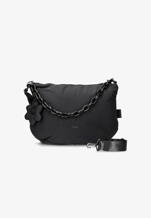 Sac à épaule en nylon noir avec une bandoulière chaîne texturée, un accent floral, une sangle amovible, fermeture zippée et détail logo.