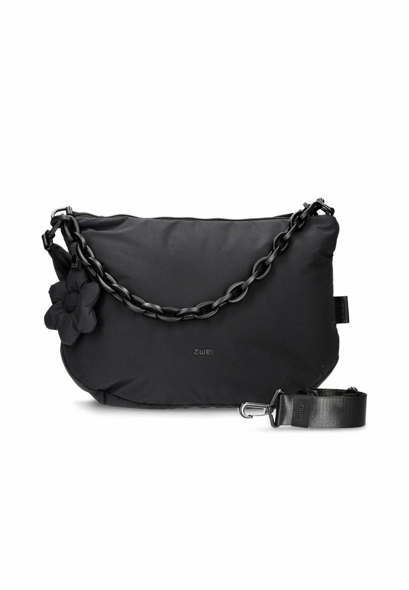 Sac à épaule en nylon noir avec une bandoulière chaîne texturée, un accent floral, une sangle amovible, fermeture zippée et détail logo.