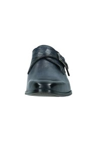 Leren schoenen in donkerblauw met een gladde afwerking, voorzien van een gevlochten accent en een zijgesp, en een ronde neus.