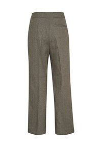 Pantaloni grigi a gamba dritta realizzati in tessuto texturizzato con una cintura liscia, dotati di tasche posteriori e laterali e sottili pieghe frontali.