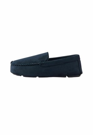 Navy blue suede moccasin loafer with stitched detailing around the toe and a low rubber sole.