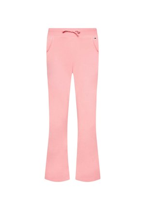 Pantaloni della tuta rosa con un design a gamba svasata, realizzati in tessuto morbido. Presentano una cintura elastica con cordino e tasche laterali.