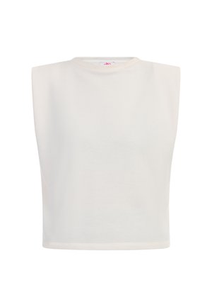 Mouwloze crop top in lichtbeige, gemaakt van een gladde stof. Heeft een ronde hals en een boxy silhouette met nette randen.