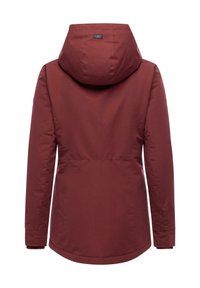 Maroon outdoor jacket with a hood, featuring a smooth texture, long sleeves, and a fitted design. Includes a logo tag on the back.