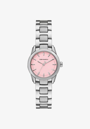 Silberne Metallarmbanduhr mit rundem pinkfarbenem Zifferblatt, silbernen Stundenmarkierungen, drei Zeigern und dem "TORY BURCH"-Logo unter 12 Uhr.