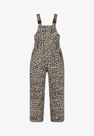 Beige tuinbroek met luipaardprint en zwarte vlekken, voorzien van verstelbare bandjes, een knoopsluiting aan de voorkant en twee zijzakken.