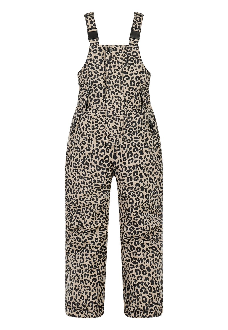 Beige tuinbroek met luipaardprint en zwarte vlekken, voorzien van verstelbare bandjes, een knoopsluiting aan de voorkant en twee zijzakken.