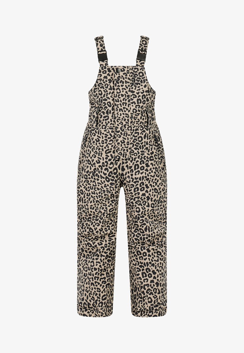 Beige tuinbroek met luipaardprint en zwarte vlekken, voorzien van verstelbare bandjes, een knoopsluiting aan de voorkant en twee zijzakken.