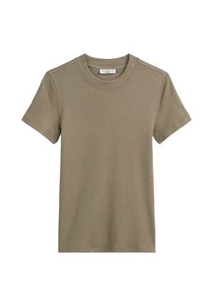 T-shirt à manches courtes en rib vert olive avec un col rond. Texture lisse et design ajusté, coutures à plat visibles au niveau des épaules.