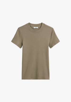 T-shirt à manches courtes en rib vert olive avec un col rond. Texture lisse et design ajusté, coutures à plat visibles au niveau des épaules.