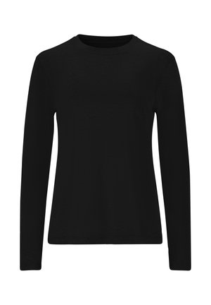 Sort langærmet skjorte fremstillet af blødt materiale, med rund halsudskæring og tætsiddende pasform. Stoffet har en subtil struktur uden mønstre.